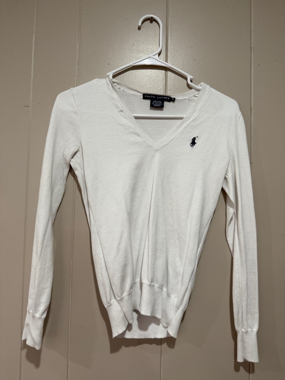 Ralph Lauren Cream V-Neck Long Sleeve Sweater with Navy Polo Emblem